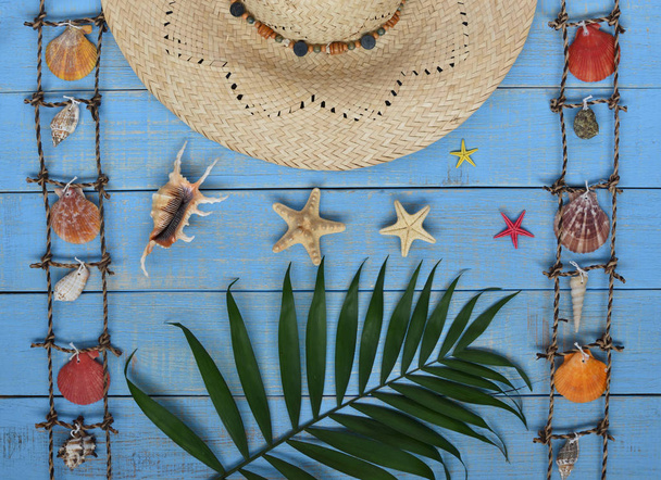 Прикраса морського життя фону. пляжний солом'яний капелюх, зелена пальмова гілка, різнокольорові черепашки, морська зірка, декоративна рибальська сітка, на синьому ретро дерев'яному фоні. літні канікули. розслабитися на пляжі
 - Фото, зображення