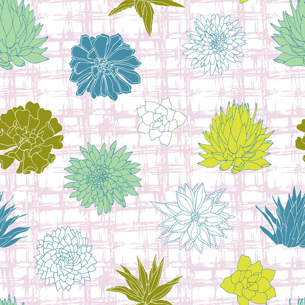 Mix of colorful silhouettes and white line art of succulent plant illustrations layered on top of a rough Gingham brush stroke background. Seamless vector pattern. Ideal for fabric, stationery, fashion. - Vektor, obrázek
