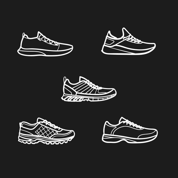 Mens sport schoeisel set geschetst pictogrammen in donkere achtergrond - Vector, afbeelding