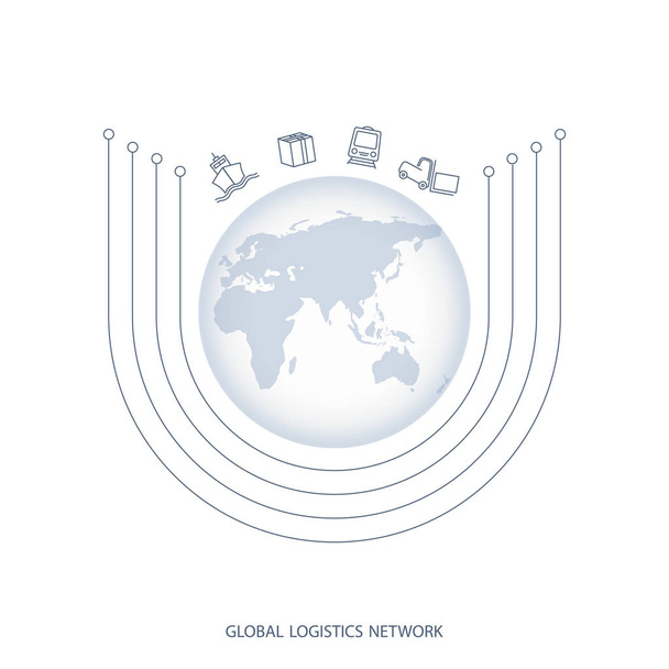 Red logística global. Mapa de conexión de asociación logística global. Mapa del mundo similar blanco e iconos logísticos. Diseño plano. Ilustración vectorial EPS10
. - Vector, Imagen
