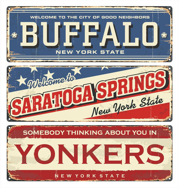 Vintage city label. Vintage tin sign collection with US cities. Buffalo. Saratoga Springs. Yonkers. New York. Retro souvenirs or postcard templates on rust background in New York state. - Vector, Image