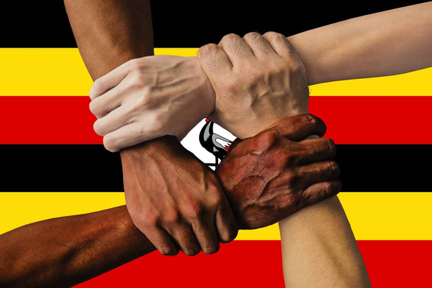 Uganda-Flagge, Integration einer multikulturellen Gruppe junger Menschen - Foto, Bild