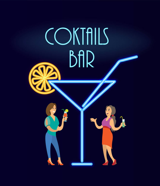 Cocktails Bar Neon, Women in Evening Dress Vector - Vektör, Görsel