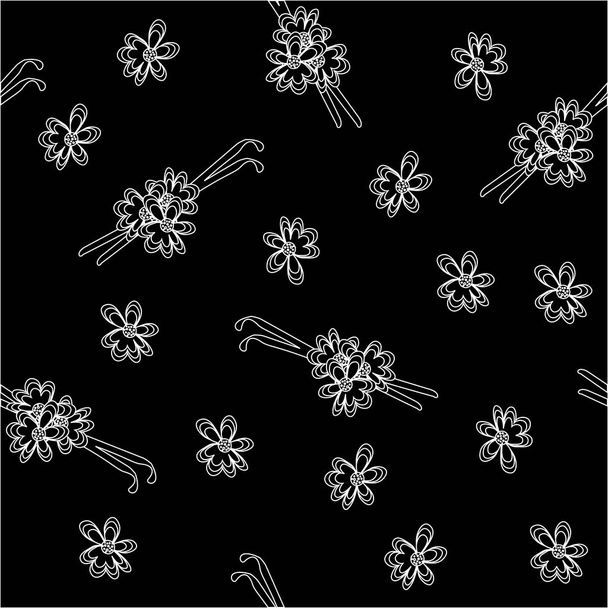nahtloses Muster mit Vanilleschoten und Blüten in schwarz und weiß. Vektordatei Folge 10 - Vektor, Bild