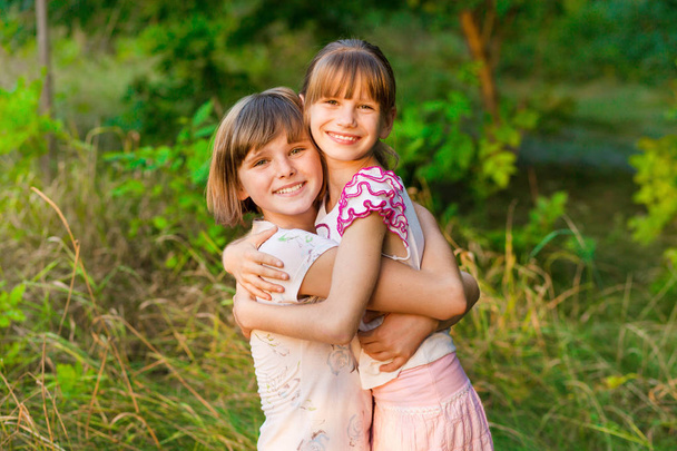 Two adorable little sisters laughing and hugging on sunny day in summer park - Photo, Image
