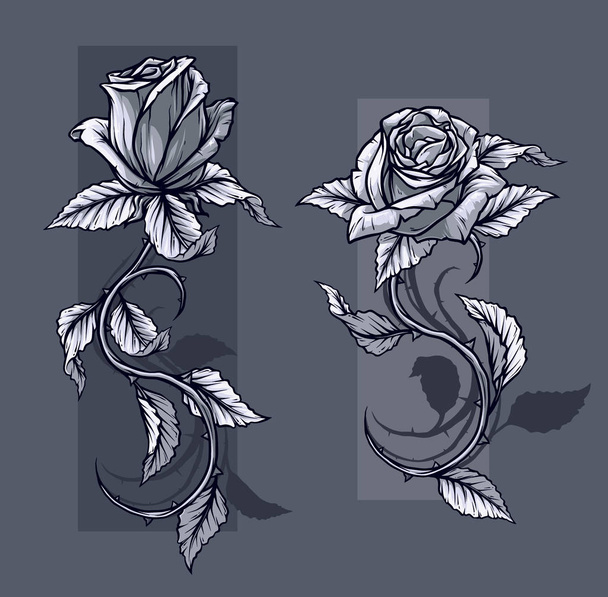 Grafische gedetailleerde grafische zwarte en witte rozen bloem met vloeien voort en verlaat. Op een grijze achtergrond. Vector icon set. Vol. 2 - Vector, afbeelding