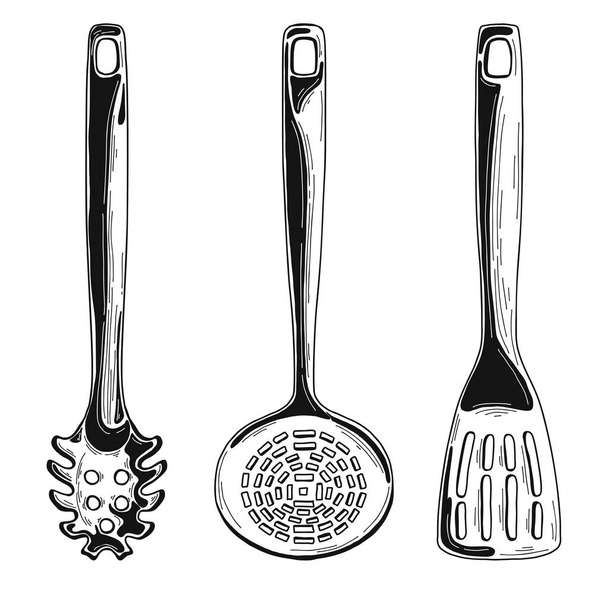 Kitchen utensils. Different spoons and other accessories. Isolated vector illustration on white background. - Vektor, obrázek