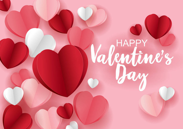Aktienvektor glücklich Valentinstag Verkauf Poster mit Papier fliegende Elemente mit rosa und roten Herzen - Vektor, Bild