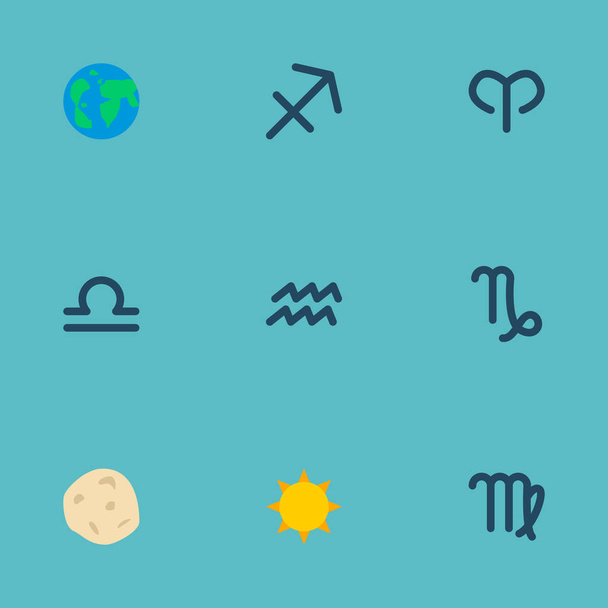 Conjunto de iconos de astrología símbolos de estilo plano con sagitario, acuario, sol y otros iconos para el diseño del logotipo de su aplicación móvil web
. - Foto, imagen