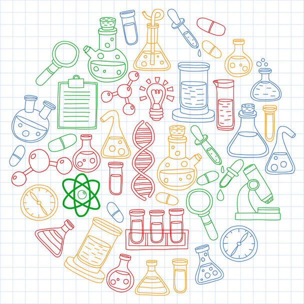 Vector set of chemistry, science icons. Pattern with laboratory equipment images. - Vector, Image