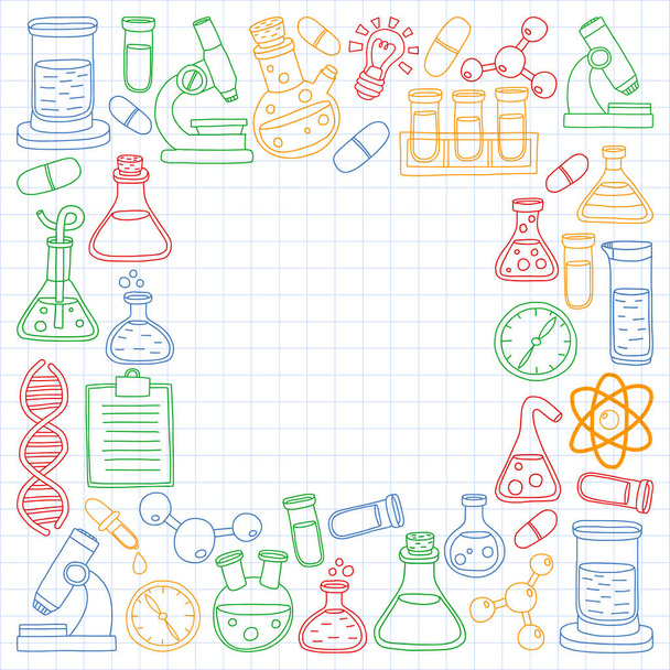 Vector set of chemistry, science icons. Pattern with laboratory equipment images. - Vector, Image