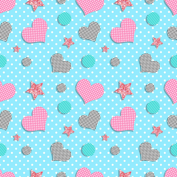 Memphis style seamless pattern with hearts and glitter stars. Cute endless background, template for card, banner, clothes, wrap. Vector illustration - Vector, Image