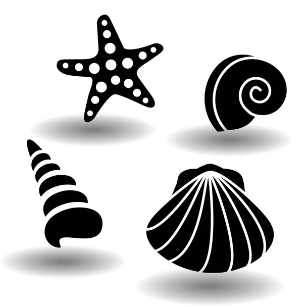 Black sea shells icon set, collection of seashell, clam, nautilus snail, spiral shell and starfish. Vector eps10 illustration isolated on white background with shadows, simple flat logo style - Vector, Image