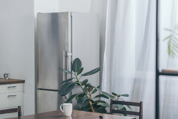 houten tafel met witte cup, koelkast en groene plant in keuken  - Foto, afbeelding