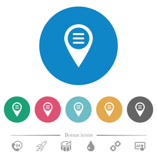 Opzioni di localizzazione mappa GPS icone bianche piatte su sfondi a colori rotondi. 6 icone bonus incluse
. - Vettoriali, immagini