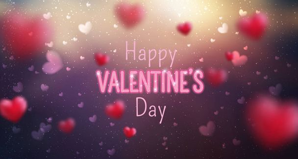Glowing text for Happy Valentine's Day greeting card. Cute love banner for 14 February. Holiday background with 3d hearts, light, stars on pink. Vector Illustration - Vector, Image