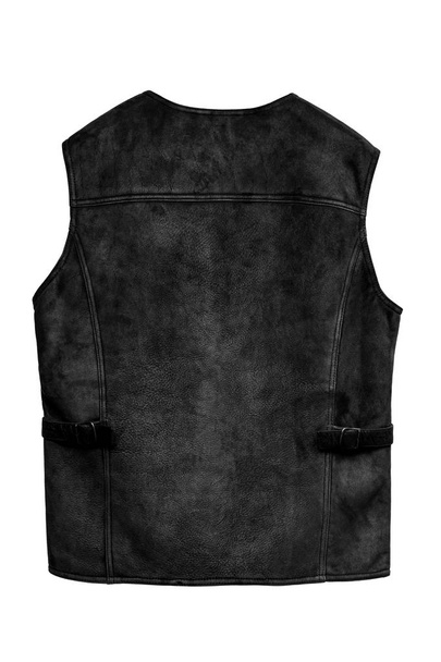 Black leather hunting vest with fur, with pockets isolated on white background - Foto, Imagen
