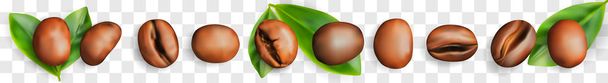 Set de granos de café tostados con hojas de café fresco. Ilustración realista del vector 3D de la colección de granos de Arabica o Robusta
 - Vector, Imagen