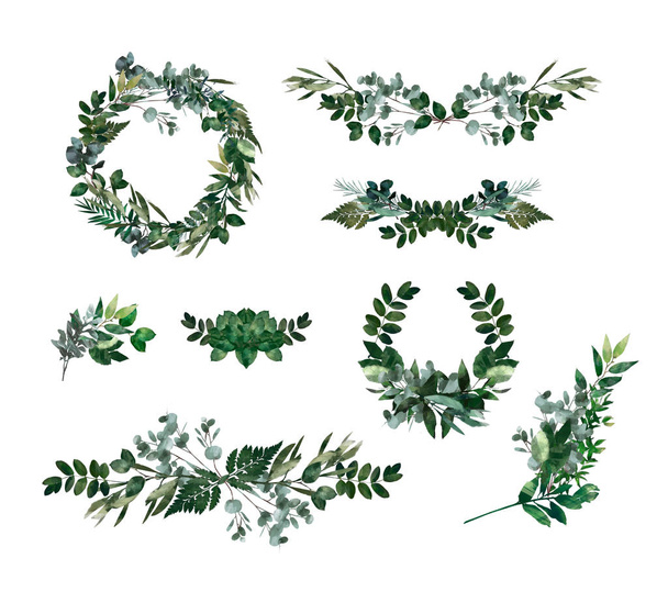 Aquarelle élément décoratif moderne. Eucalyptus rond Feuille verte couronne, branches de verdure, guirlande, bordure, cadre, élégante aquarelle isolée
, - Photo, image