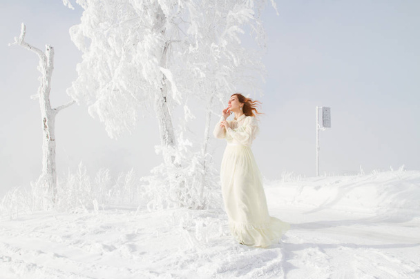 Red-haired young girl on the background of snow-covered trees. Winter portrait - Valokuva, kuva