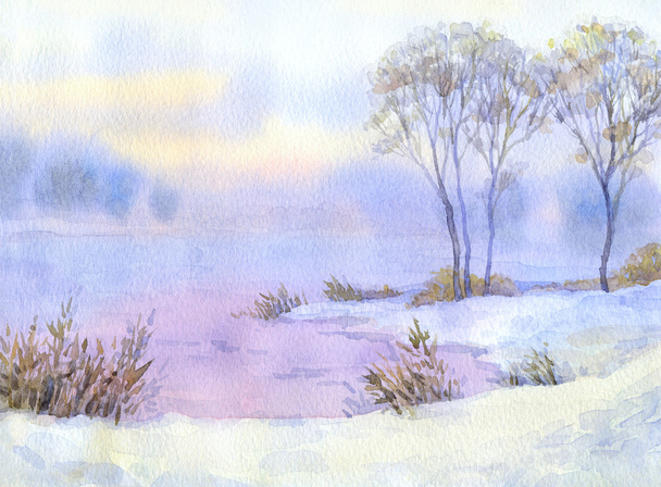 Akvarel krajiny. zimní noci nad jezerem a stromy - Fotografie, Obrázek