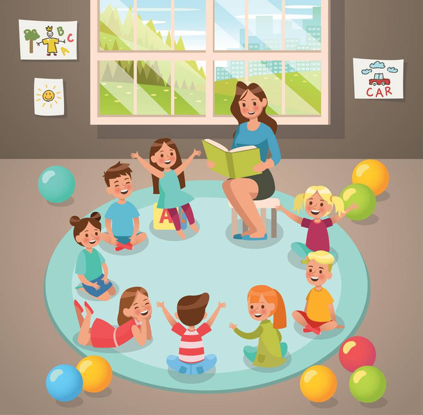 In classroom teacher and children's activity in the kindergarten. Vector design. - Vector, Image