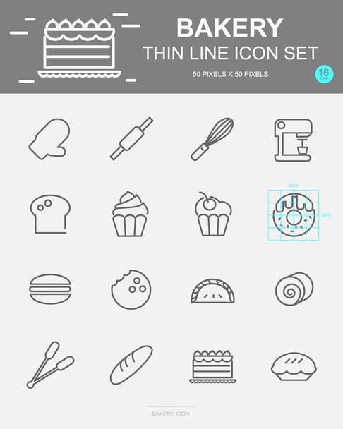 Set von Bäckereivektorzeilensymbolen. beinhaltet Brot, Backwaren, Kuchen, Kekse und vieles mehr. 50 x 50 Pixel. - Vektor, Bild