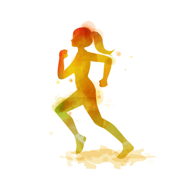 Women's running silhouette on watercolor background. Runner vector illustration. Feminism concept. Digital art painting - Vector, Image