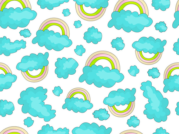 Vector cute rainbow seamless pattern with colorful rainbows and blue clouds on white background. Cute cartoon nursery repeatable pattern with clouds and rainbows - Διάνυσμα, εικόνα