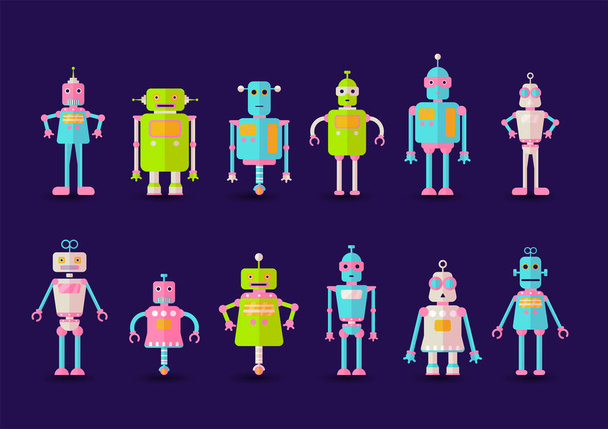 Retro vintage funny vector robot set icon in flat style isolated on violet background. Vintage illustration of flat Chatbot icon collection. Set of Cute cartoon retro robot icons, vintage chat bot set - Vector, Image