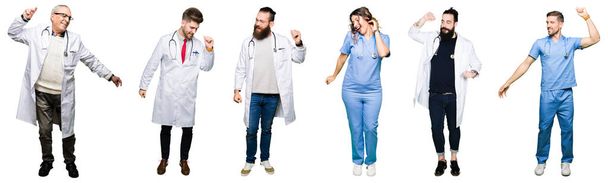 Collage de grupo de médicos y cirujanos sobre fondo blanco aislado Bailando alegre y alegre, sonriente moviéndose casual y confiado escuchando música
 - Foto, Imagen