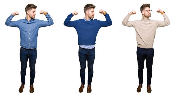 Collage of handsome young business man over white isolated background showing arms muscles smiling proud. Fitness concept. - Foto, Imagem