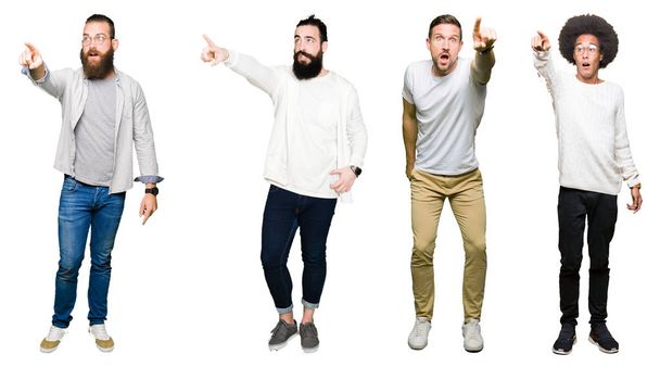 Collage of group of young men over white isolated background Pointing with finger surprised ahead, open mouth amazed expression, something in front - Fotoğraf, Görsel