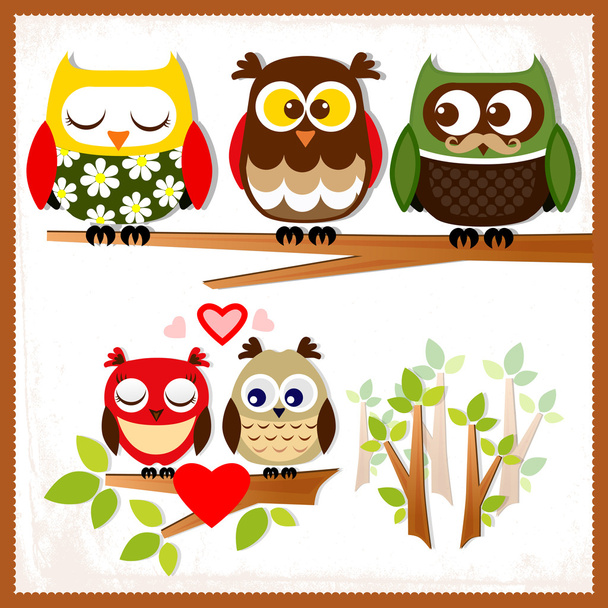 Set of five owls with various emotions. - Vector, Image