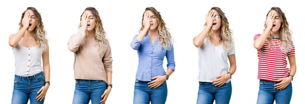 Collage of young beautiful blonde girl over isolated background Yawning tired covering half face, eye and mouth with hand. Face hurts in pain. - Photo, Image