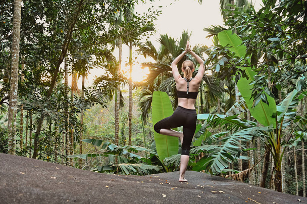 young girl doing yoga at sunset in jungle - Photo, Image
