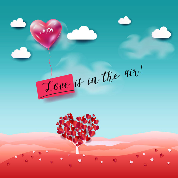 Love is in the air lettering, Happy Valentines Day banner, love tree, flowers, heart shape logo, blue sky and clouds, 3d, cut paper art style, social media, greeting card, gift, love concept, enamored, marriage, wedding day Spring illustration vector - Vector, Image