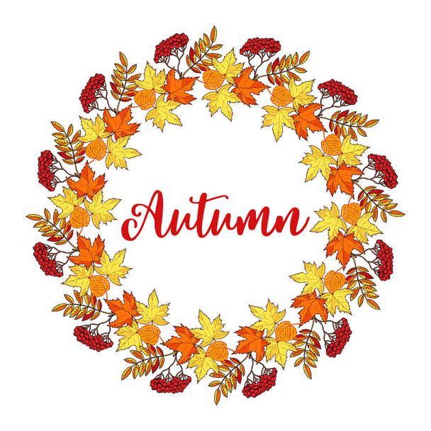Autumn hand drawn wreath with fall leaves - Vector, afbeelding
