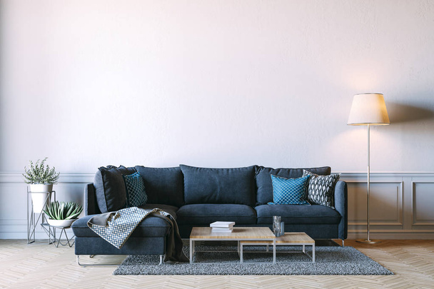 3D-Rendering der schönen Innenausstattung mit Sofa und weißer Wand - Foto, Bild