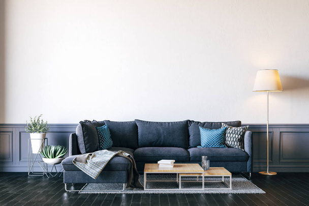 3d renderizado de hermosa representación interior con sofá y pared blanca
 - Foto, imagen