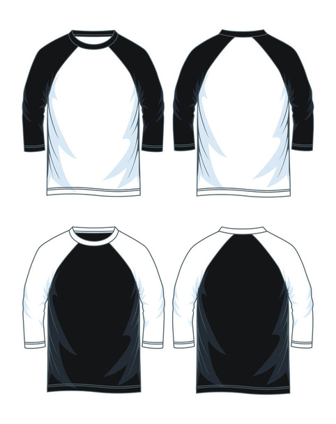 Drei-Viertel-Ärmel-Raglan-T-Shirt-Vorlagen für Männer, Vorder- und Rückansichten. Vektorillustration. schwarz-weiße Varianten. - Vektor, Bild