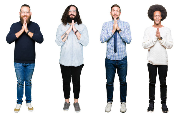 Collage of group of young men over white isolated background praying with hands together asking for forgiveness smiling confident. - Photo, Image