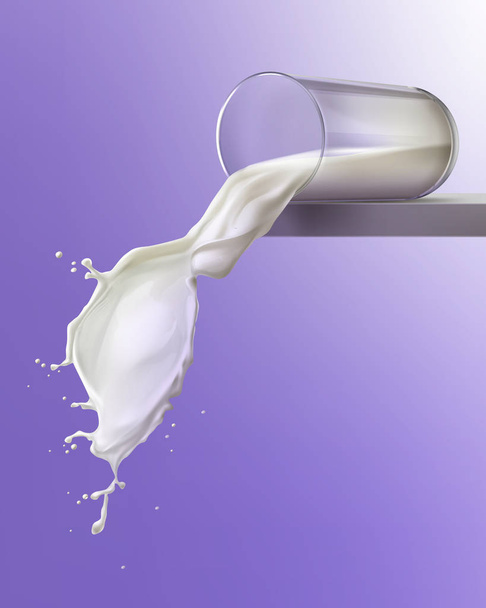 Vector illustration of milk pouring out from transparent glass to wavy milk splash on background - Vektori, kuva