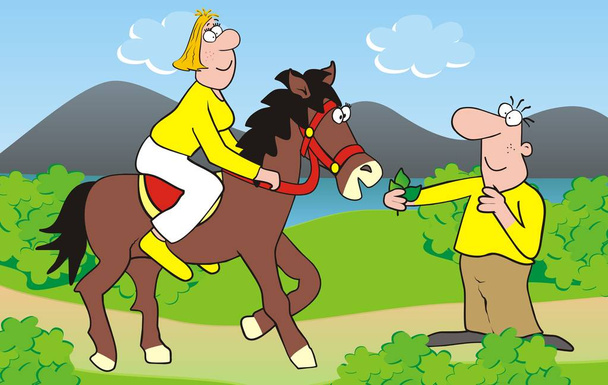 Люди і кінь у подорожі, Верхова їзда, смішні векторні ілюстрації
 - Вектор, зображення