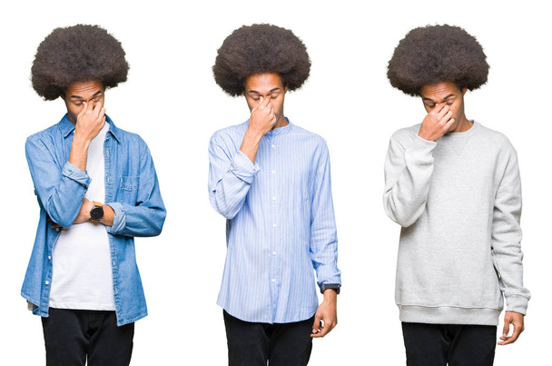 Collage de hombre joven con pelo afro sobre fondo blanco aislado cansado frotando nariz y ojos sintiendo fatiga y dolor de cabeza. Concepto de estrés y frustración
. - Foto, imagen