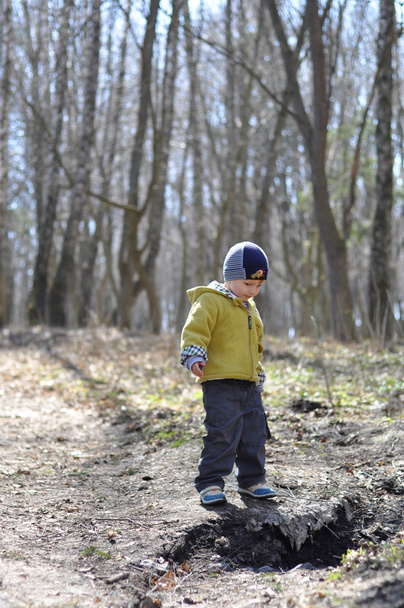 Baby standing over the ditch for a walk in the woods - Φωτογραφία, εικόνα