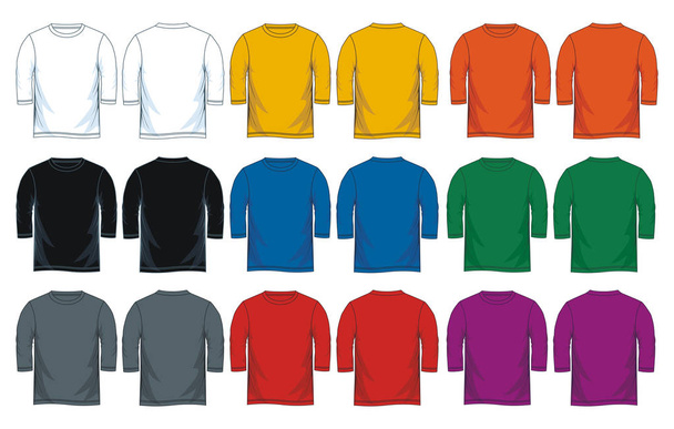 Men's three-quarter sleeves t-shirt templates, Front and back views. Vector illustration. Colorful variants. - Vector, Image