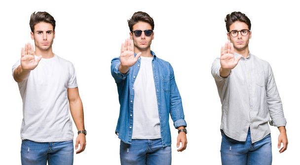 Collage of young handsome man over isolated background doing stop sing with palm of the hand. Warning expression with negative and serious gesture on the face. - Photo, Image