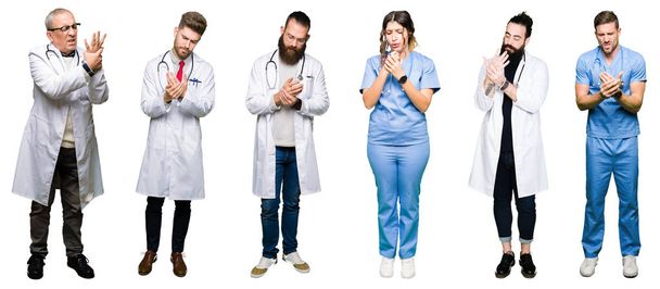 Collage of group of doctors and surgeons people over white isolated background Suffering pain on hands and fingers, arthritis inflammation - Photo, Image