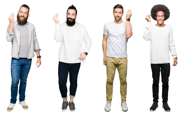 Κολάζ από ομάδα νεαρών ανδρών πάνω από το λευκό φόντο απομονωμένες κάνει ιταλική κίνηση με το χέρι και τα δάκτυλα εντονη προσωπικότητα - Φωτογραφία, εικόνα